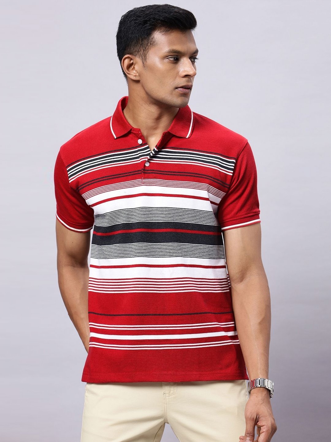 

N AND J Men Striped Polo Collar Cotton T-shirt, Red