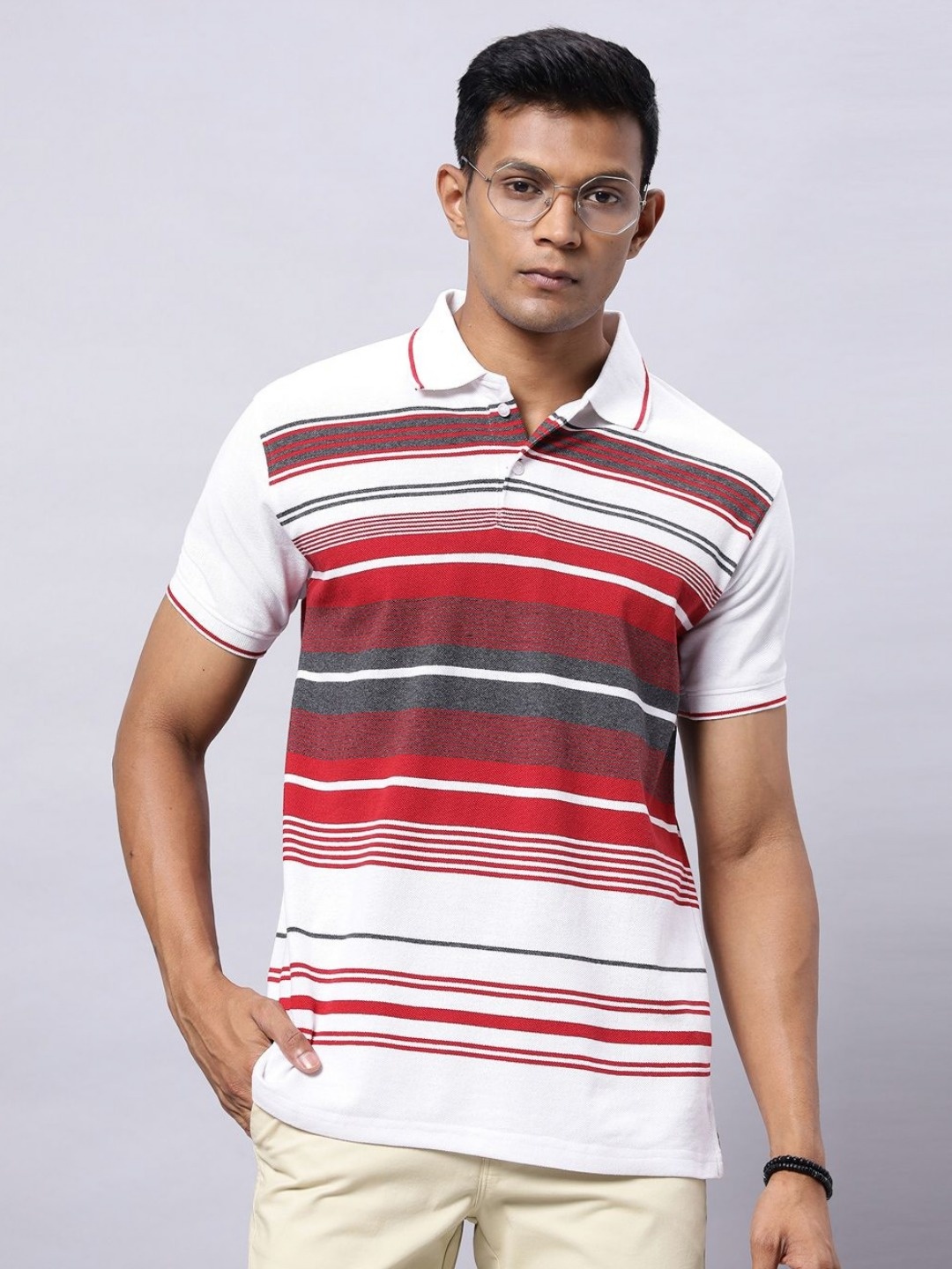 

N AND J Men Striped Polo Collar Cotton T-shirt, White