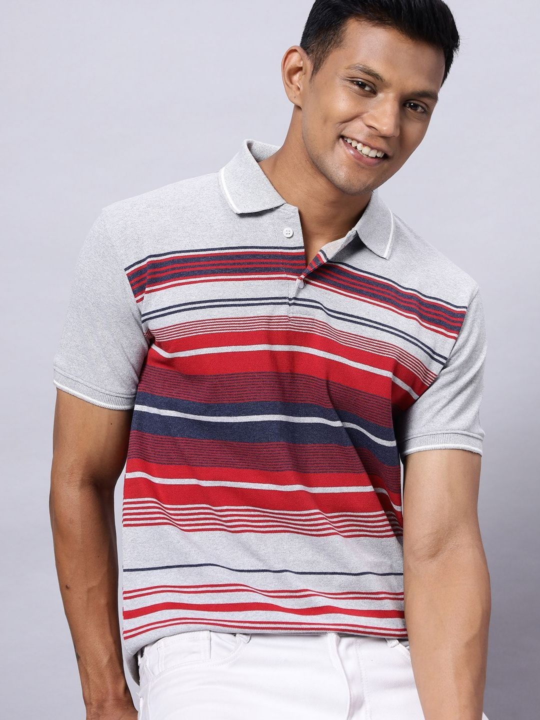 

N AND J Men Striped Polo Collar Cotton T-shirt, Grey