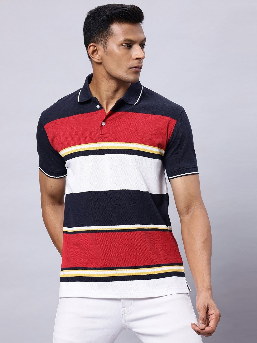 

N AND J Men Striped Polo Collar Cotton T-shirt, Navy blue