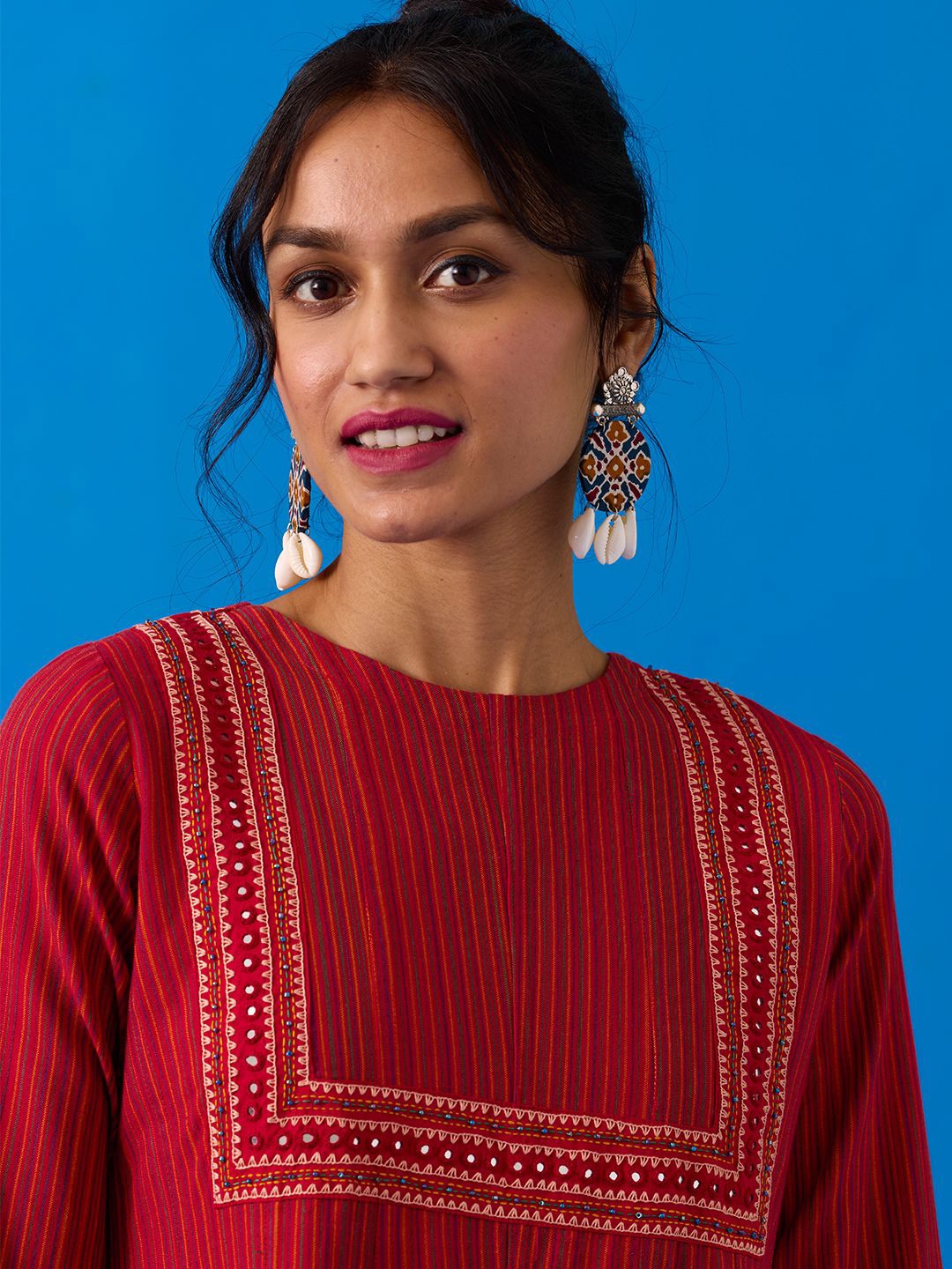 

Okhai Agasthi Women Hand-Embroidered Bead & Mirror work Ikkat Pure Cotton Dress, Maroon