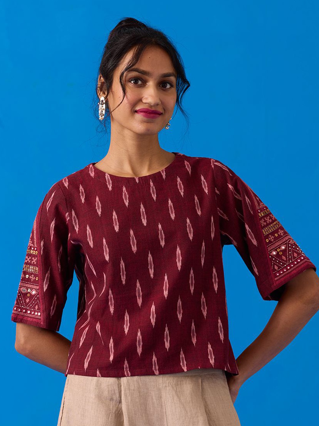 

OKHAI Women Embroidered Cotton Crop Top, Maroon