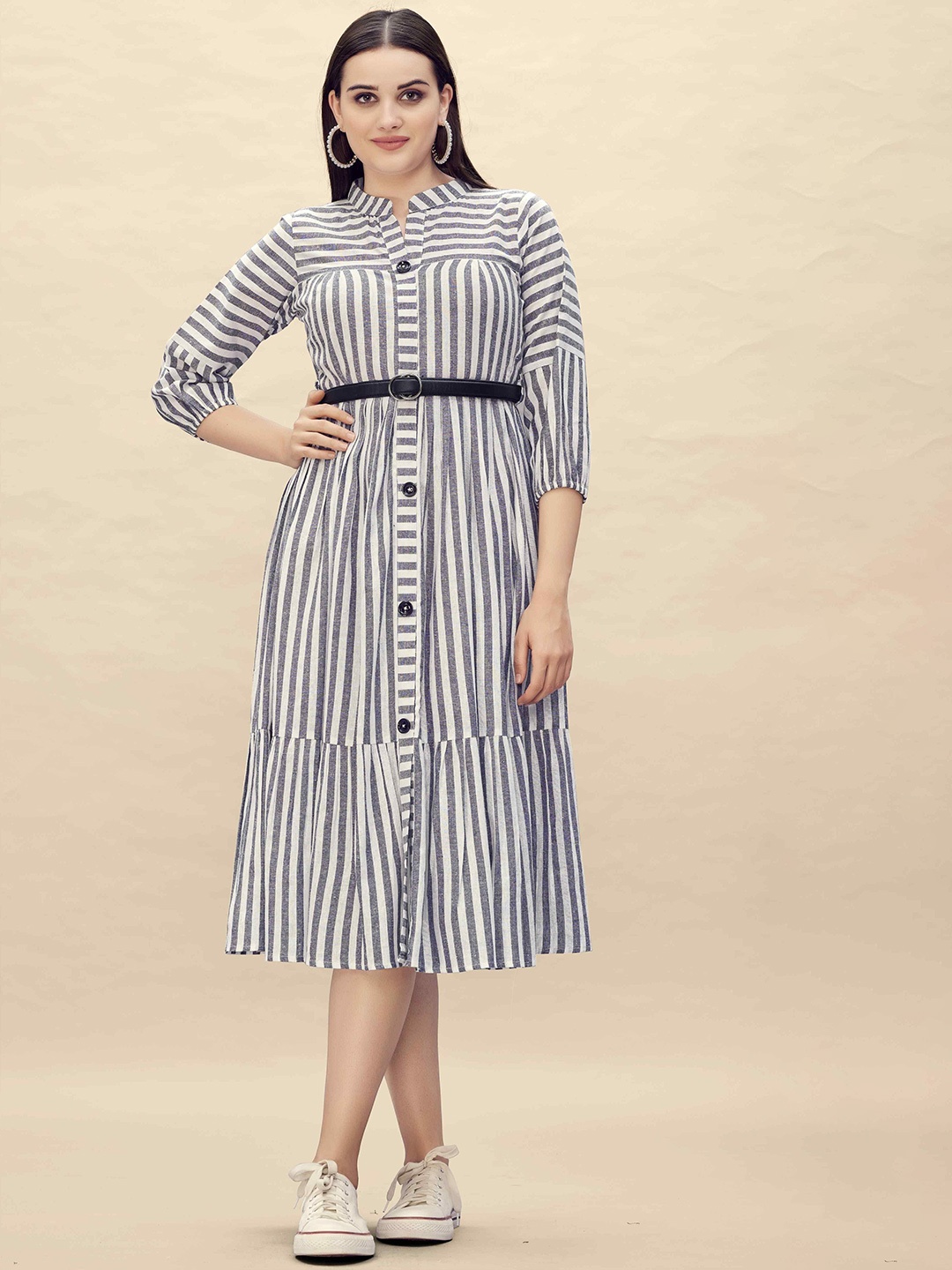 

Glomee Women Pure Cotton Striped A-line Midi Dress With Belt, Grey