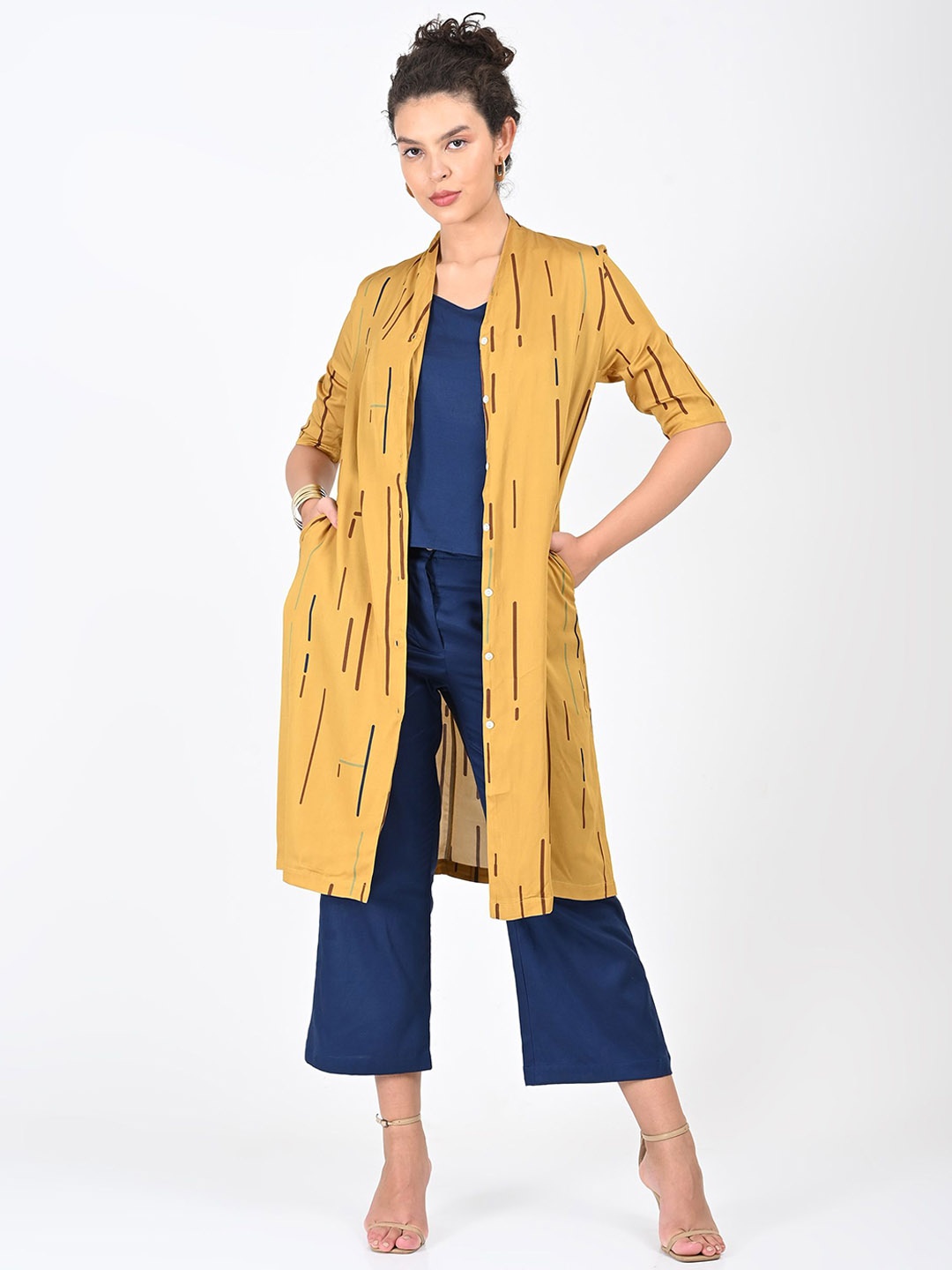 

Saltpetre Printed Top With Trousers & Shrug, Mustard