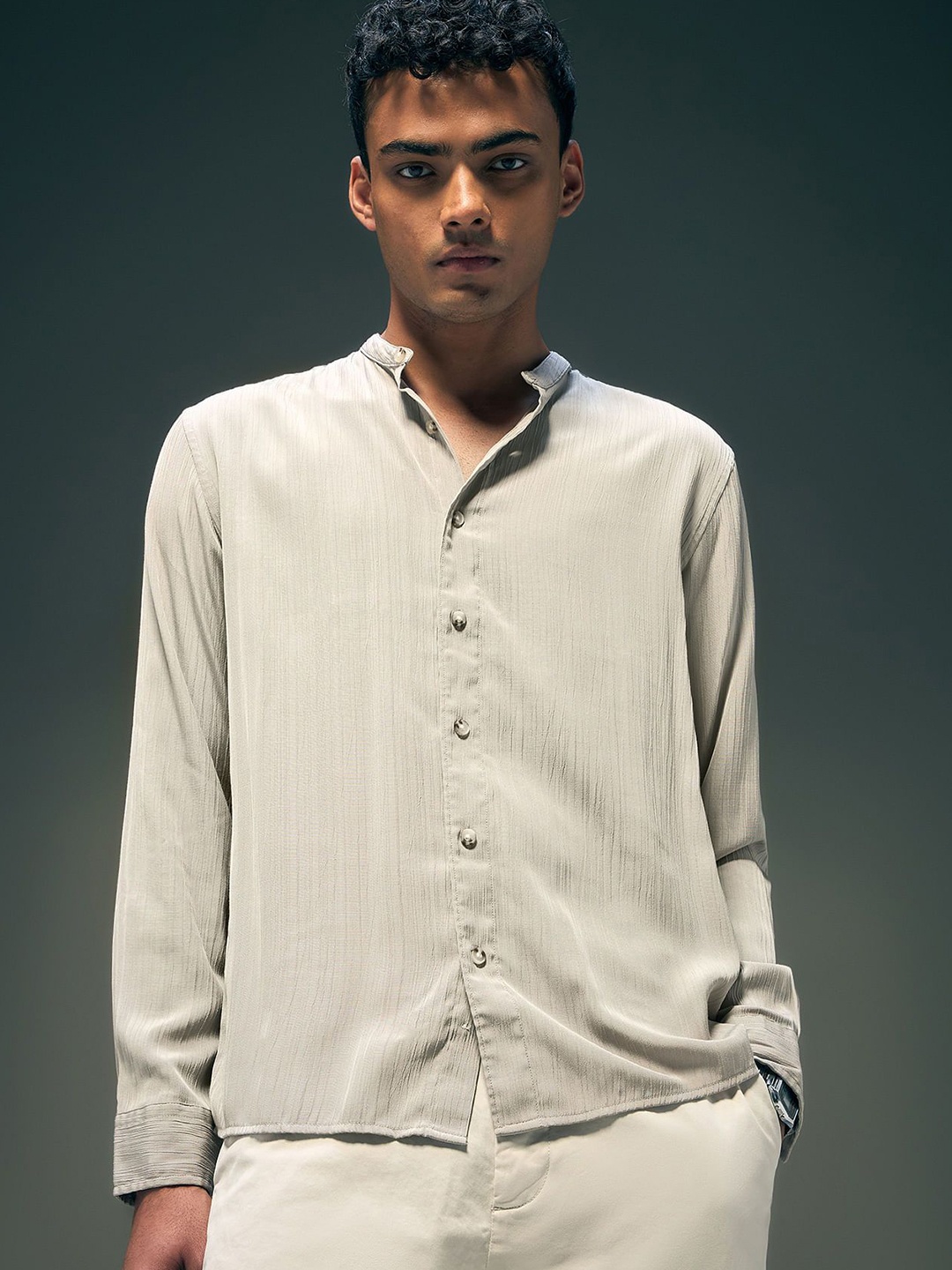 

Flying Machine Men Mandarin Collar Textured Casual Shirt, Beige
