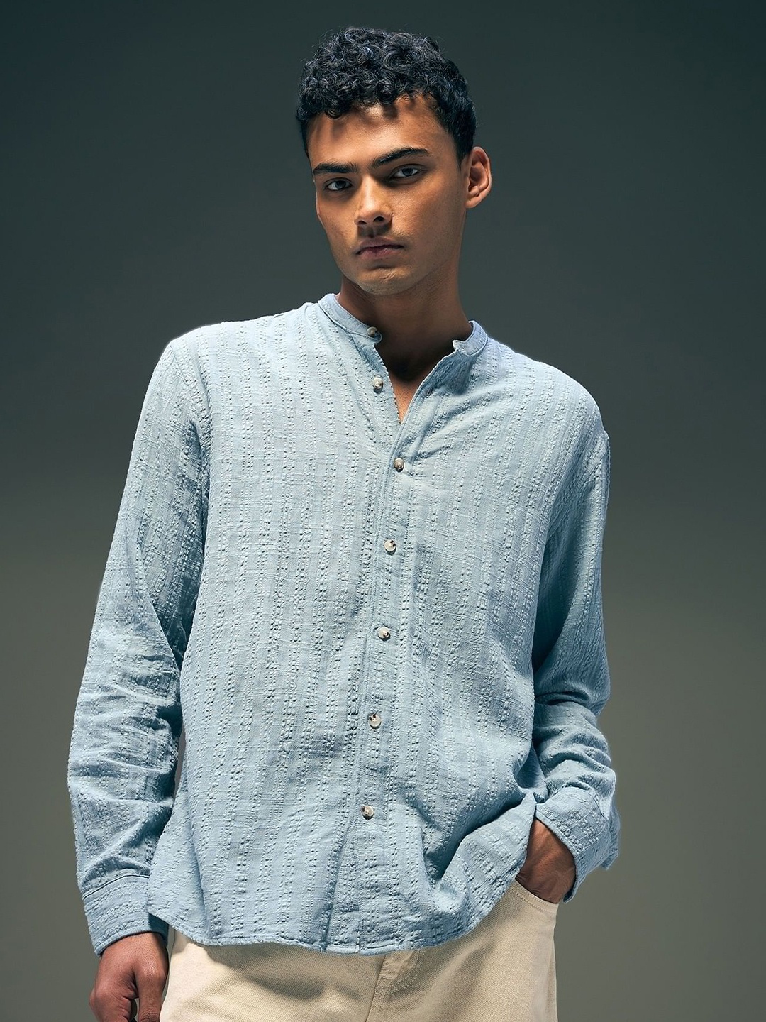 

Flying Machine Men Mandarin Collar Textured Cotton Casual Shirt, Blue
