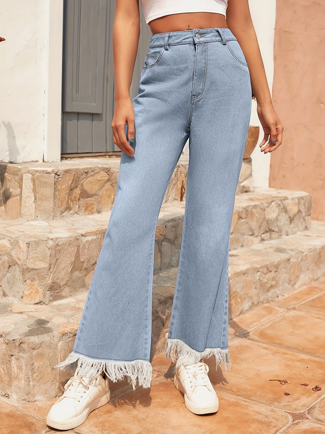 

StyleCast x Revolte Women Cotton Wide Leg Light Fade Jeans, Blue