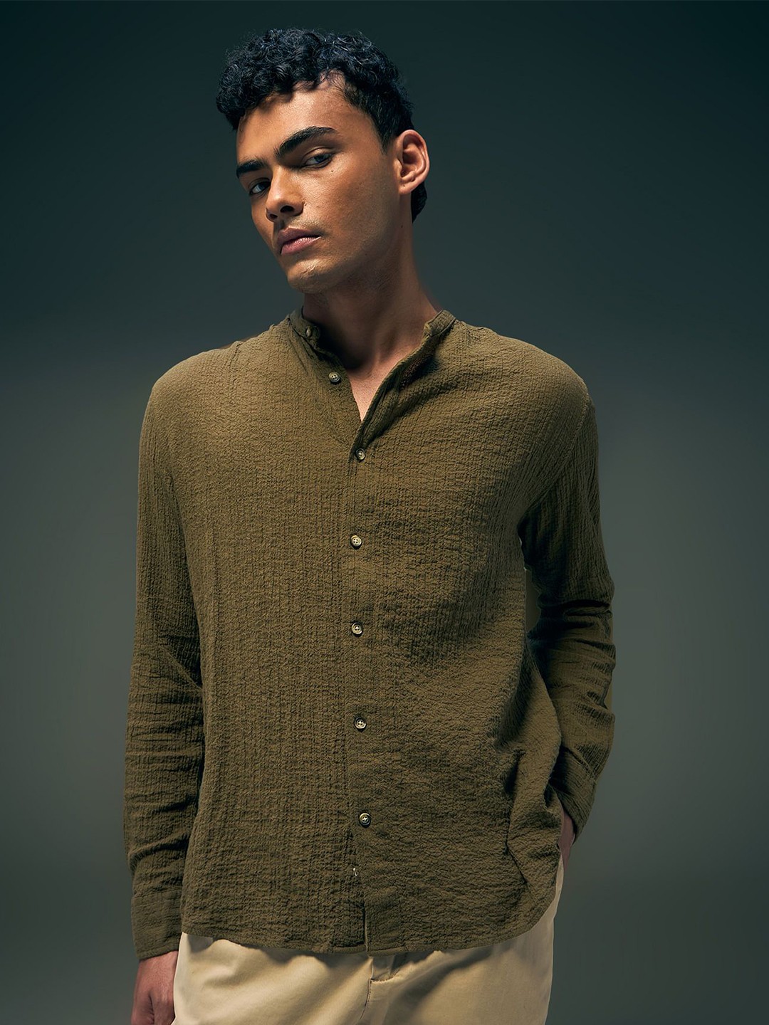 

Flying Machine Men Mandarin Collar Textured Cotton Casual Shirt, Olive