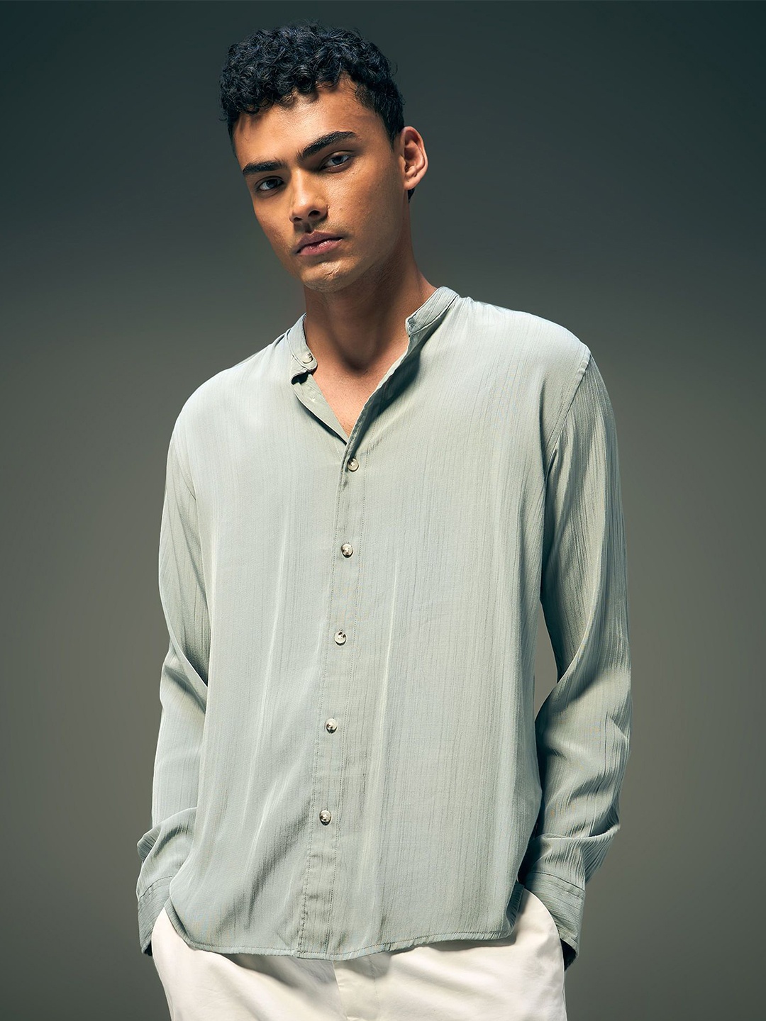 

Flying Machine Men Mandarin Collar Textured Casual Shirt, Green