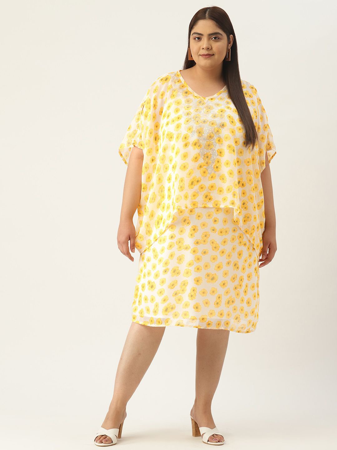 

theRebelinme Women Flared Sleeve A-Line Midi Dress Plus Size, Yellow