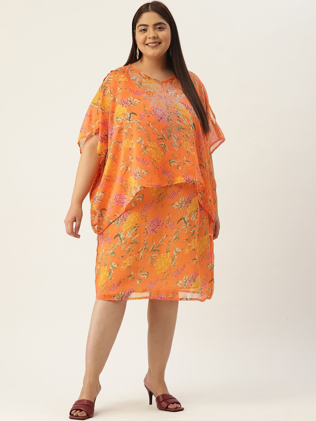 

theRebelinme Women Plus Size Embellished Flared Sleeve A-Line Midi Dress, Orange