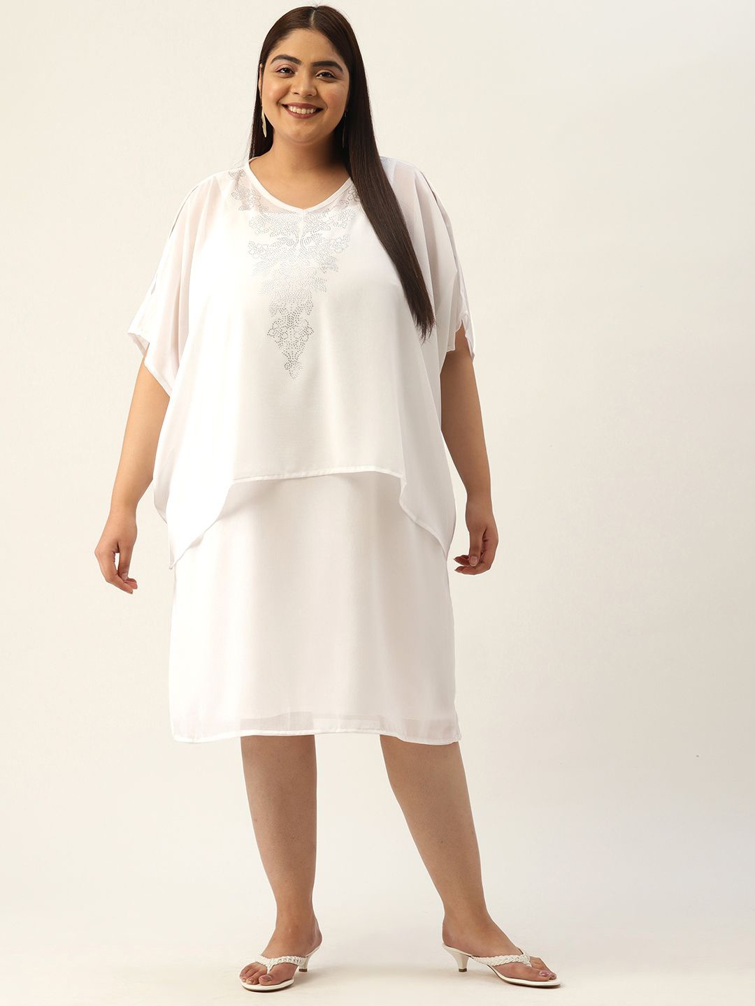 

theRebelinme Plus Size Embellished Flared Sleeve Georgette A-Line Midi Dress, White