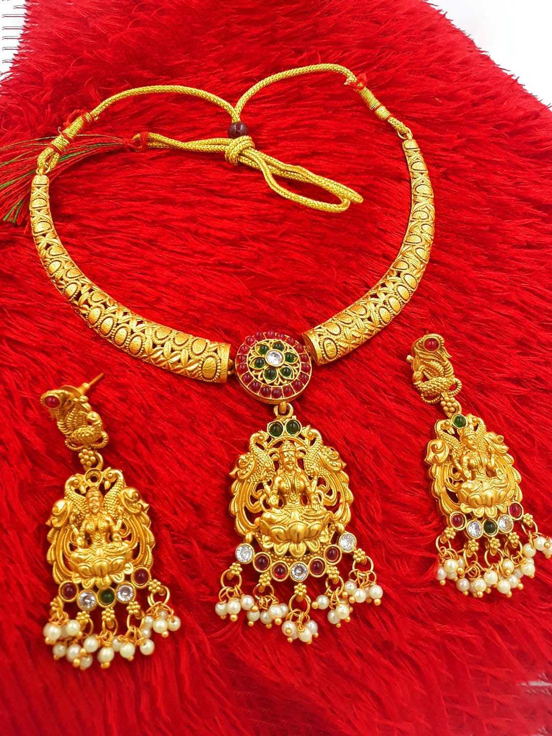 

Anujeet Fashion Hub Stone-Studded & Beaded Temple Jewellery Set, Gold