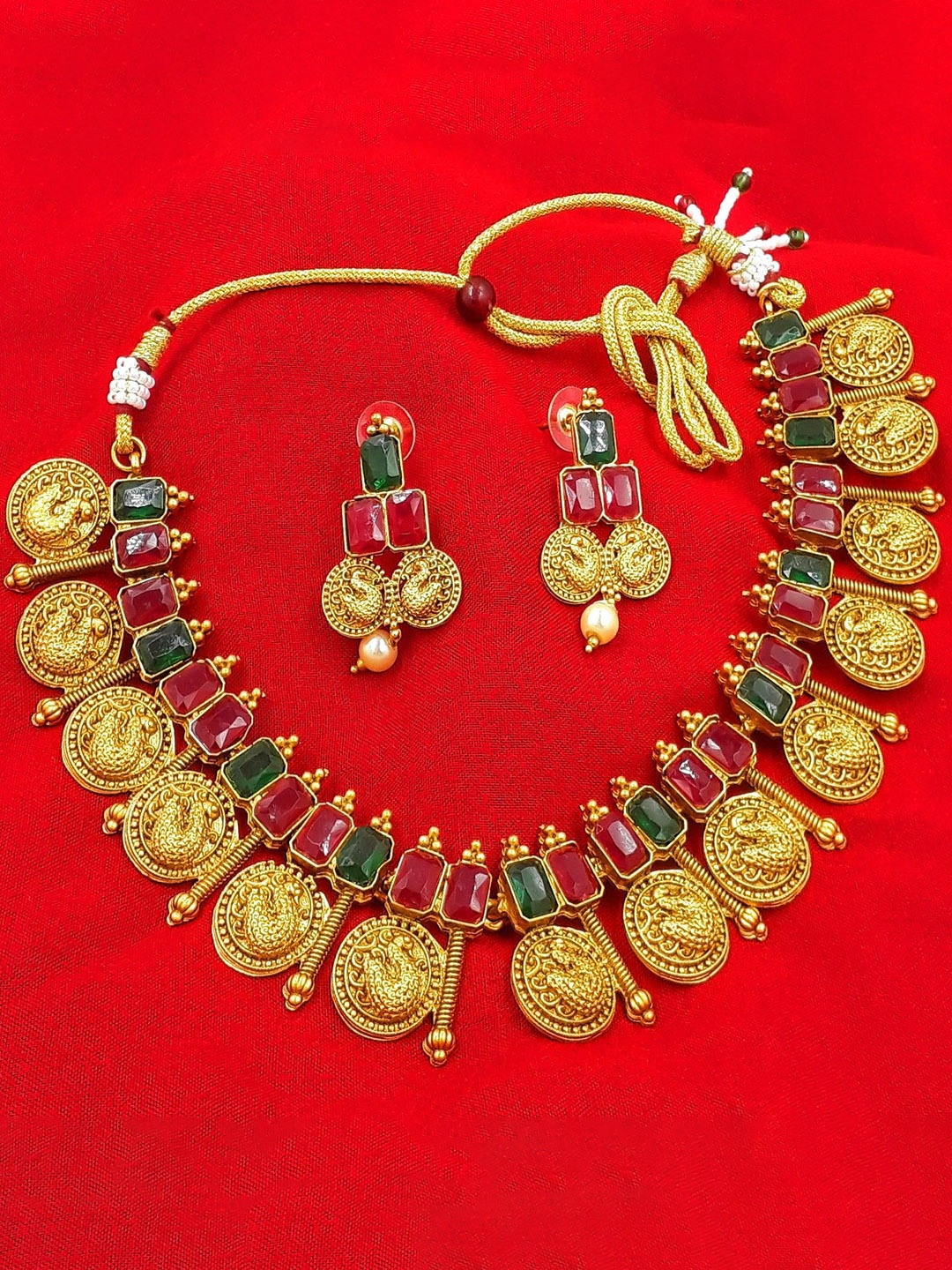 

Anujeet Fashion Hub Crystals Studded Temple Necklace Set, Gold
