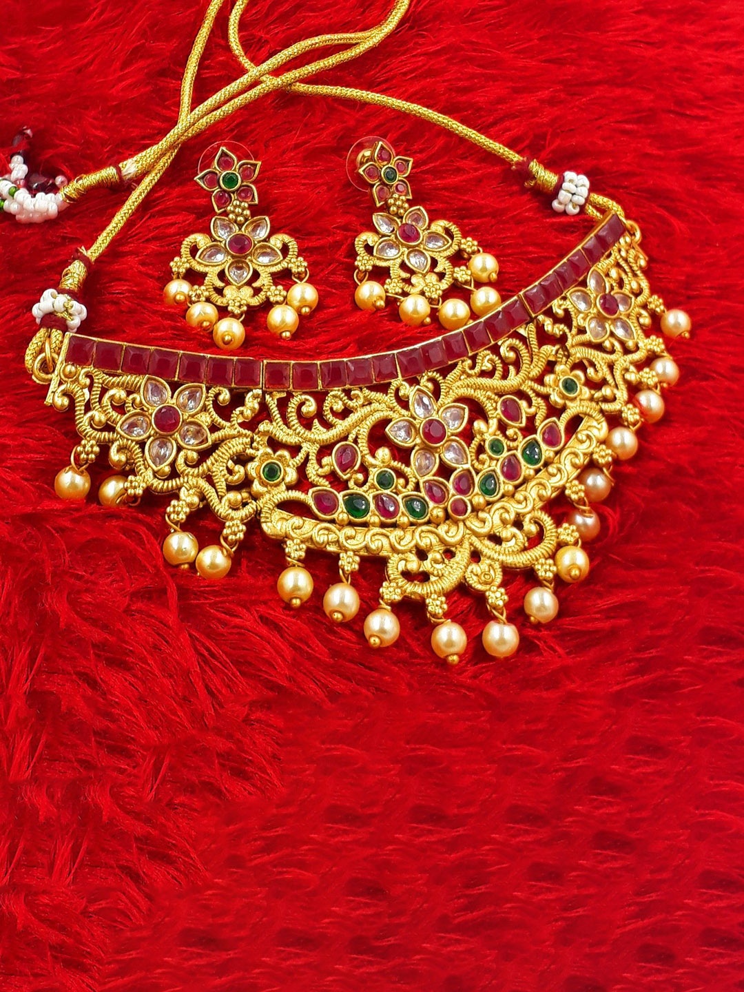

Anujeet Fashion Hub Stones Studded & Beaded Floral Jewellery Set, Gold