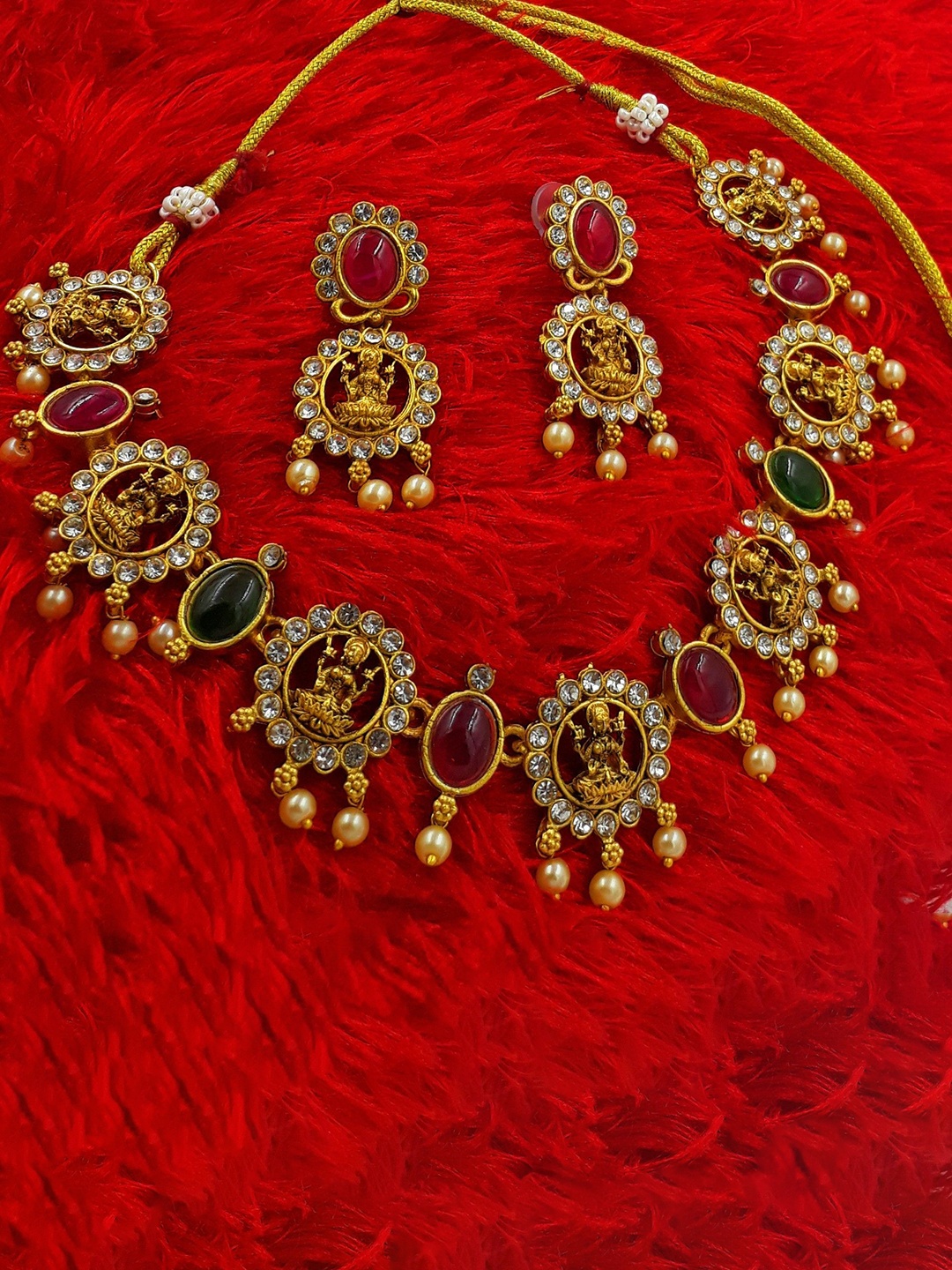 Anujeet Fashion Hub Stone-Studded & Beaded Temple Jewellery Set, Gold