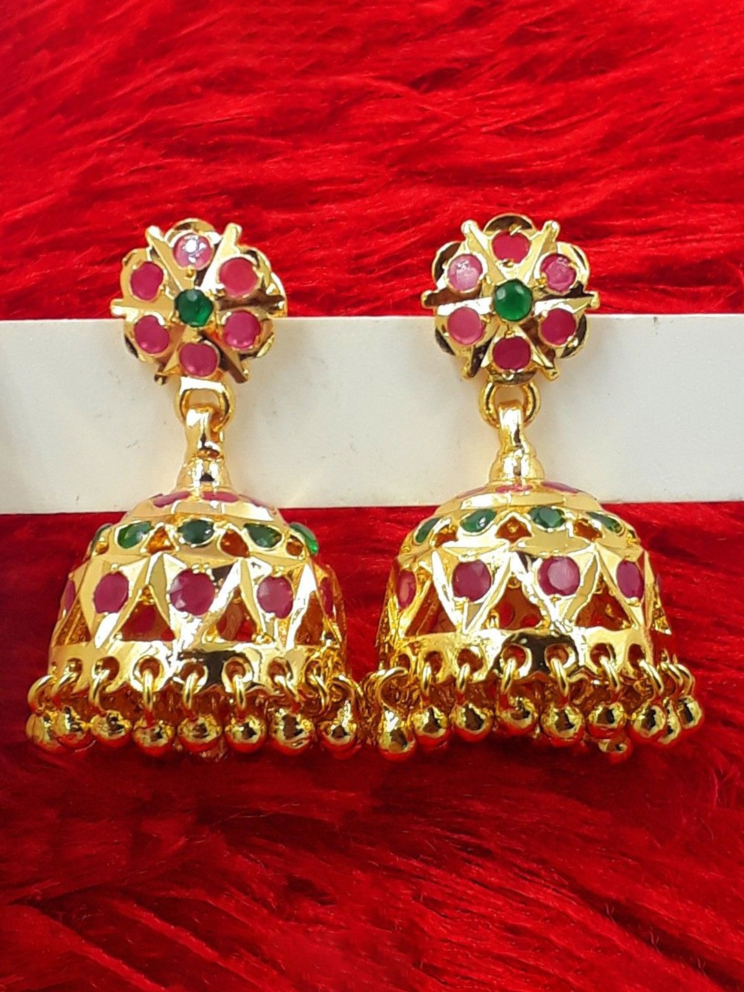

Anujeet Fashion Hub Gold-Plated Artificial Stones Studded Dome Shaped Jadau Jhumkas