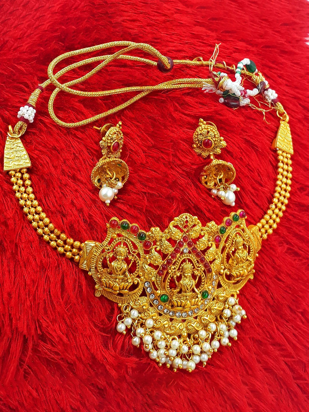 

Anujeet Fashion Hub Stone Studded & Beaded Temple Jewellery Set, Gold