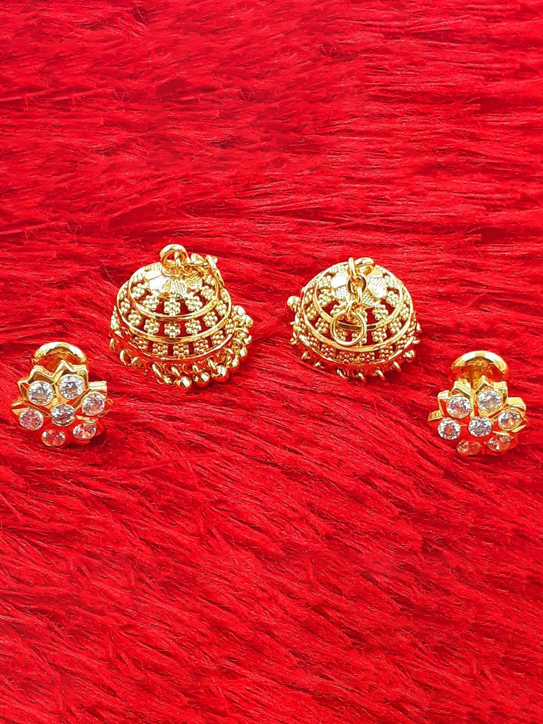 

Anujeet Fashion Hub Gold-Plated American Diamond Studded Dome Shaped Jhumkas
