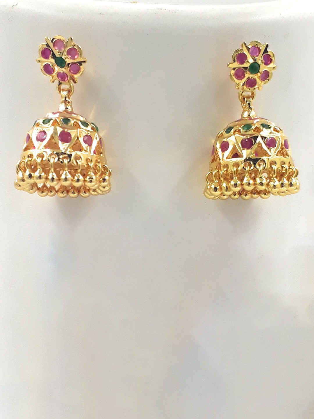 

Anujeet Fashion Hub Gold-Plated American Diamond Studded Dome Shaped Jhumkas