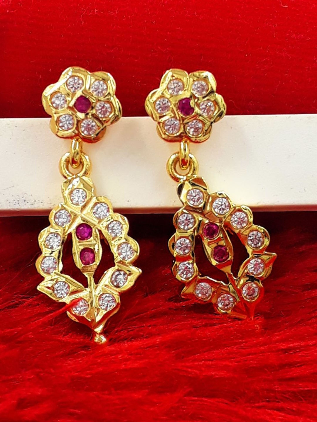 

Anujeet Fashion Hub Gold-Plated American Diamond Studded Dangler Drop Earrings