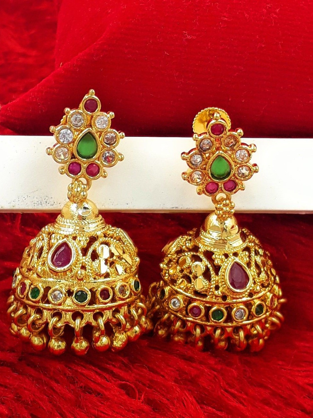 

Anujeet Fashion Hub Gold-Plated American Diamond Studded Dome Shaped Jadau Jhumkas