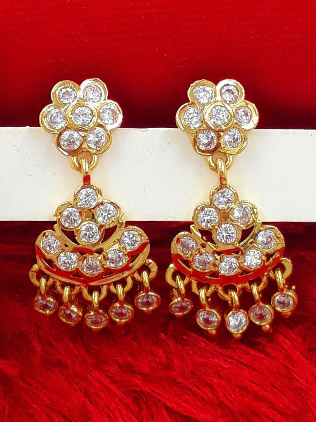 

Anujeet Fashion Hub Gold-Plated American Diamond Studded Floral Drop Earrings