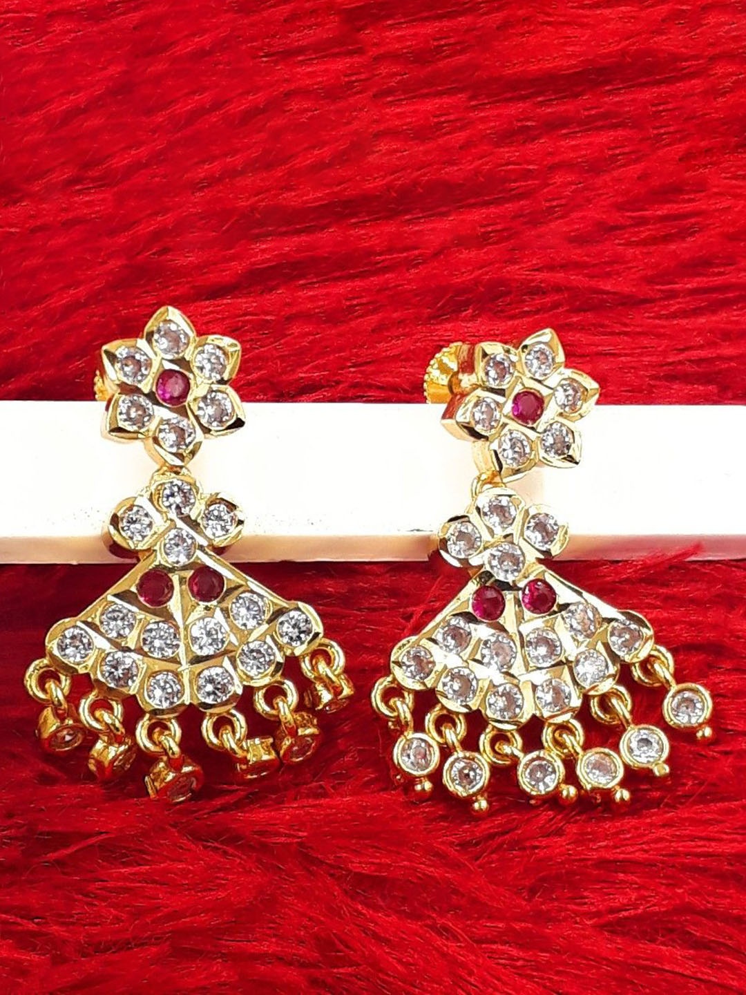 

Anujeet Fashion Hub Gold-Plated American Diamond Studded Contemporary Drop Earrings