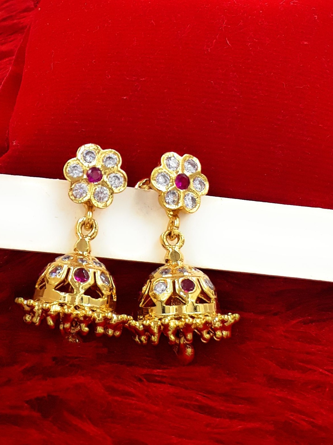 

Anujeet Fashion Hub Gold-Plated American Diamond Studded Dome Shaped Jadau Jhumkas