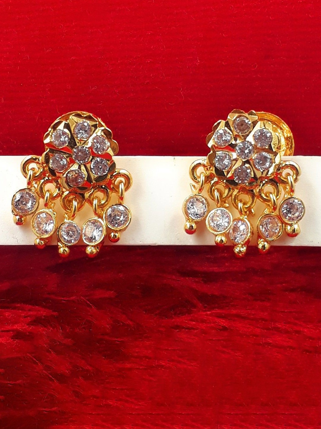 

Anujeet Fashion Hub Gold-Plated American Diamond Studded Floral Drop Earrings