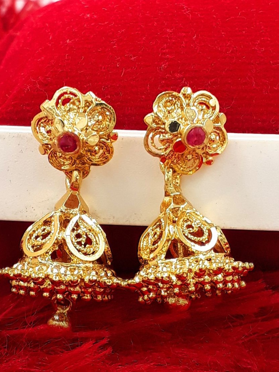 

Anujeet Fashion Hub Gold-Plated American Diamond Studded Dome Shaped Jhumkas