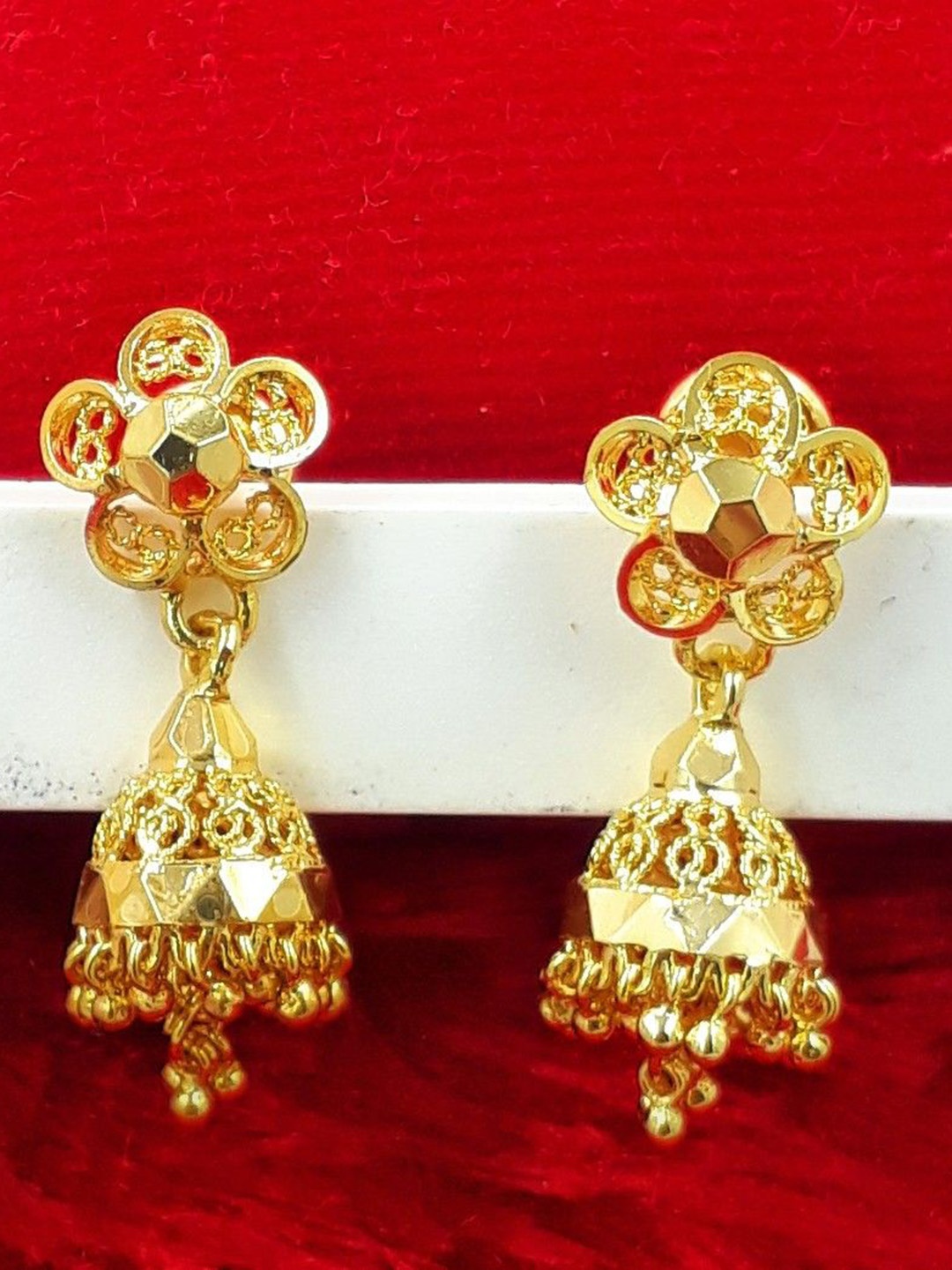 

Anujeet Fashion Hub Gold-Plated Dome Shaped Artificial Beaded Jhumkas