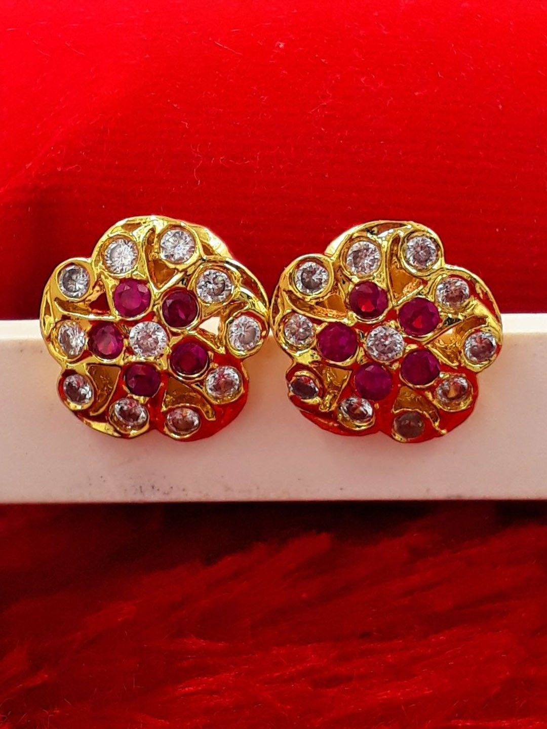 

Anujeet Fashion Hub Gold-Plated American Diamond Studded Floral Studs