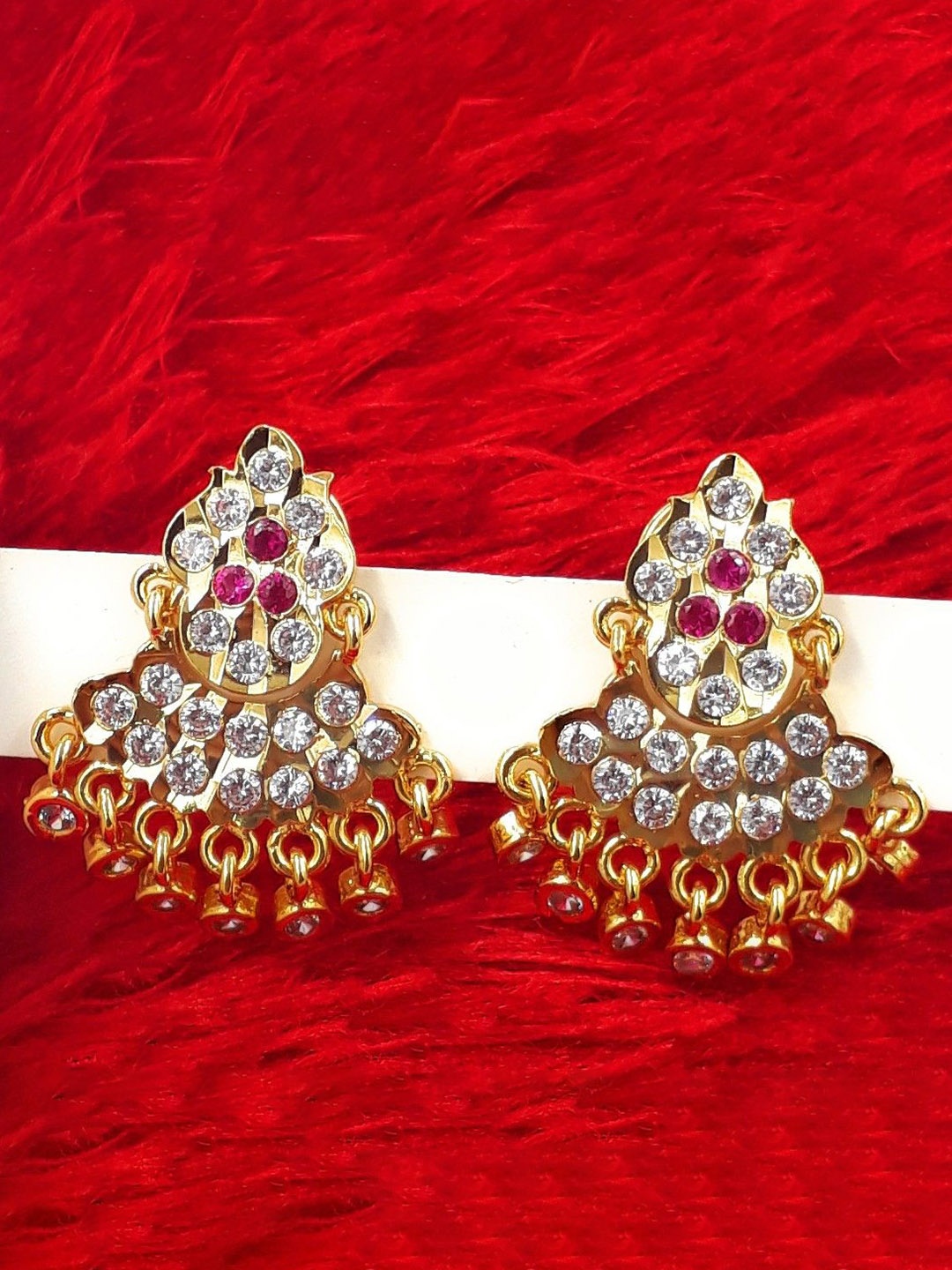 

Anujeet Fashion Hub Gold-Plated American Diamond Studded Contemporary Chandbalis