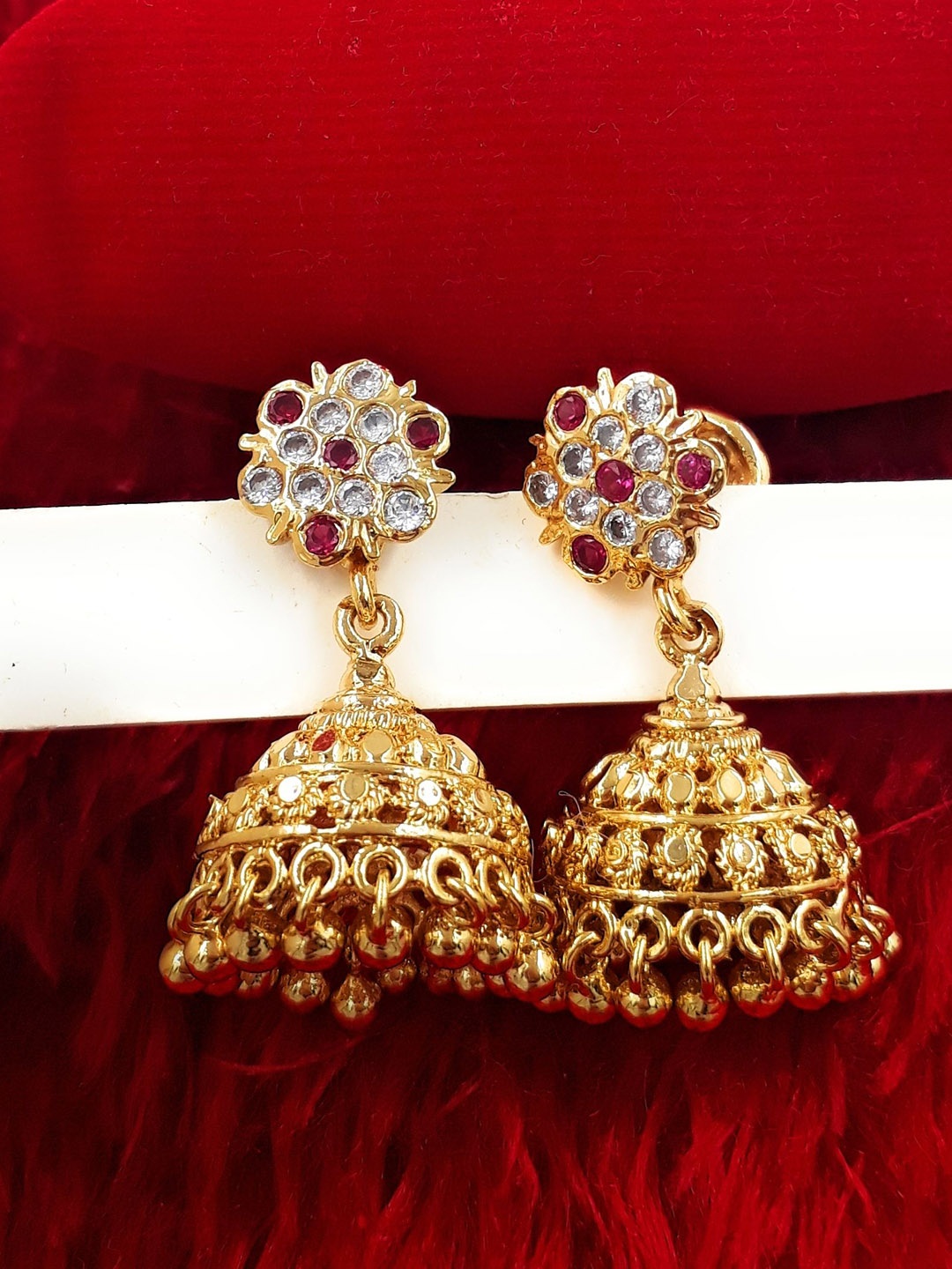 

Anujeet Fashion Hub Gold-Plated American Diamond Studded Dome Shaped Jhumkas