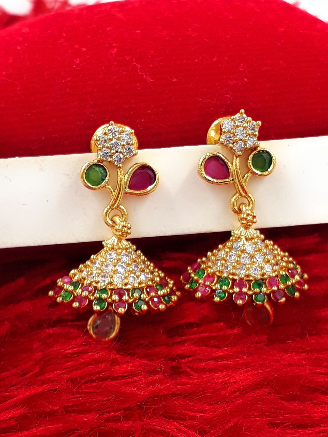 

Anujeet Fashion Hub Gold Plated Covering 5 metal Impon AD Studded Dome Shaped Jhumkas