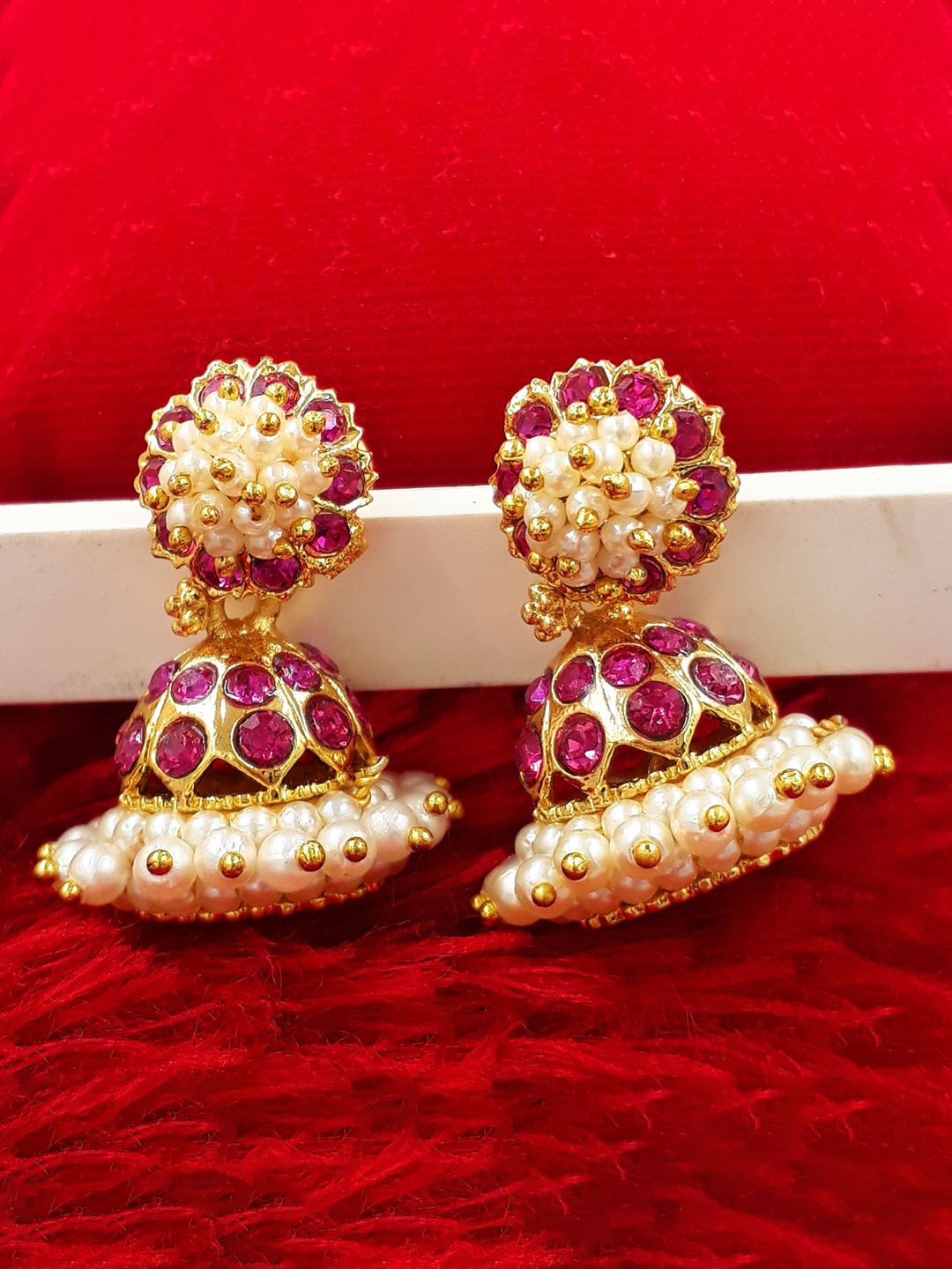 

Anujeet Fashion Hub Gold-Plated American Diamond Studded Dome Shaped Jhumkas