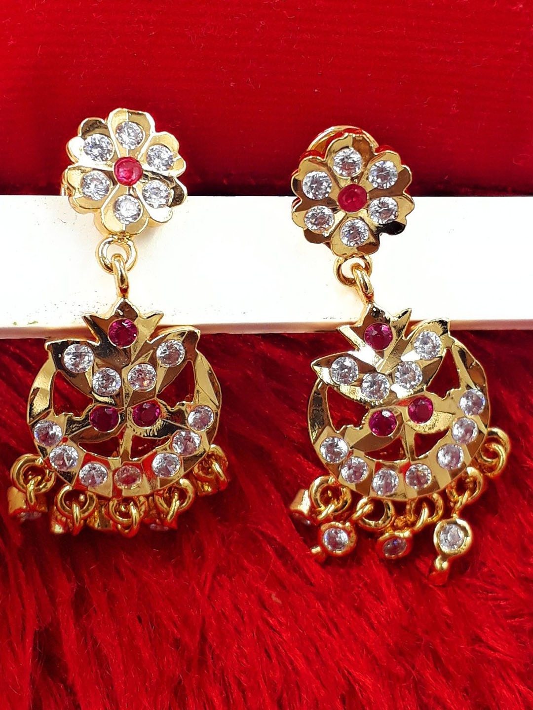 

Anujeet Fashion Hub Gold-Plated American Diamond Studded Contemporary Drop Earrings