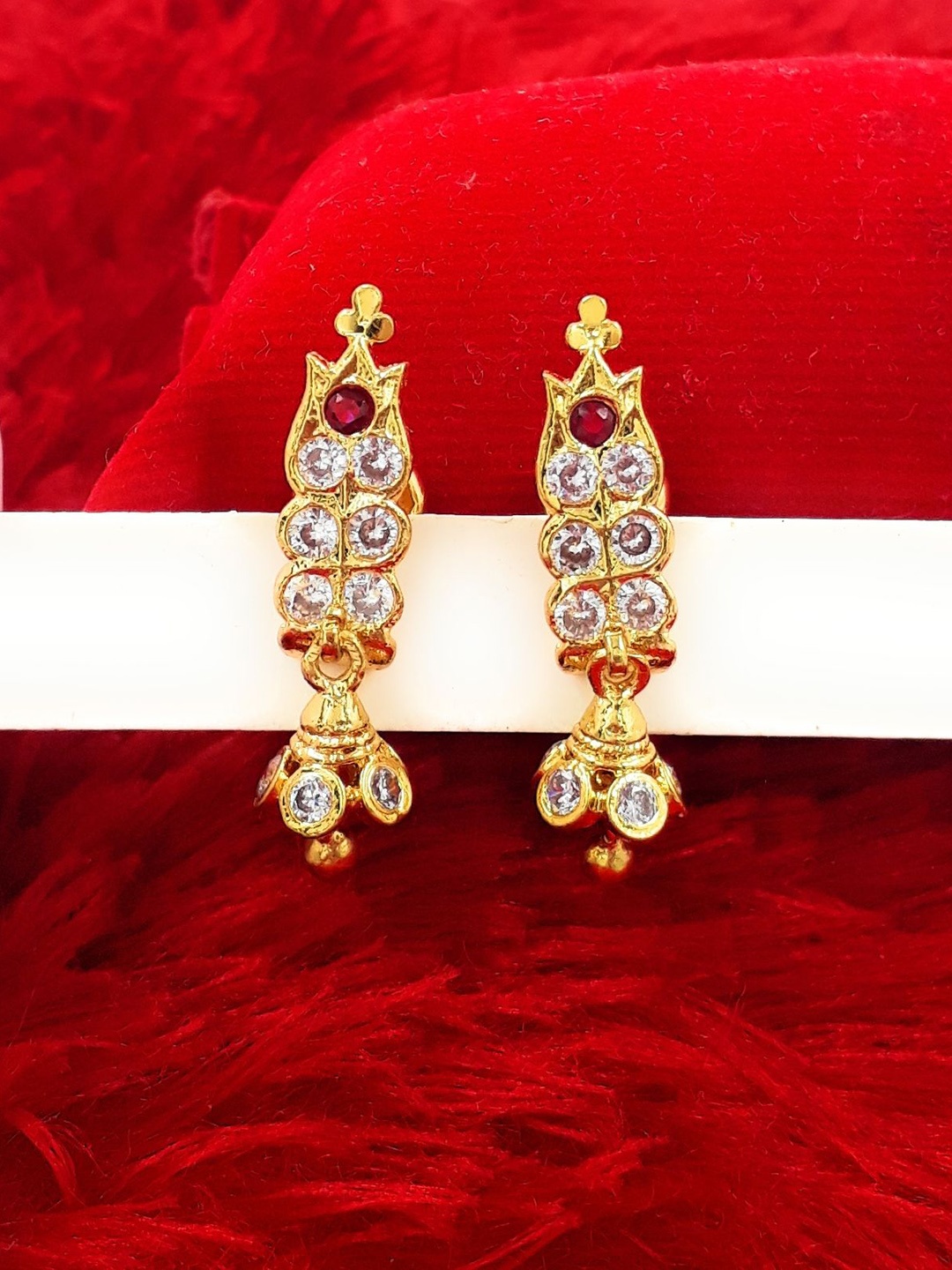 

Anujeet Fashion Hub Gold-Plated American Diamond Studded Contemporary Jhumkas