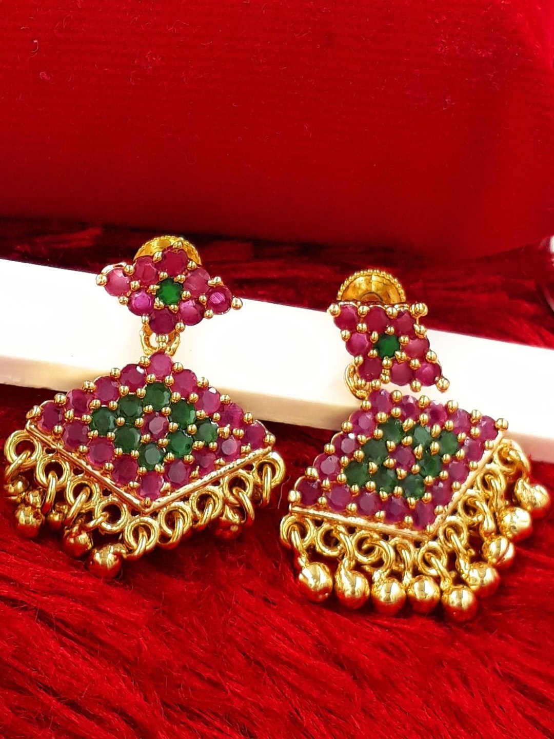 

Anujeet Fashion Hub Gold-Plated American Diamond Studded Diamond Shaped Drop Earrings