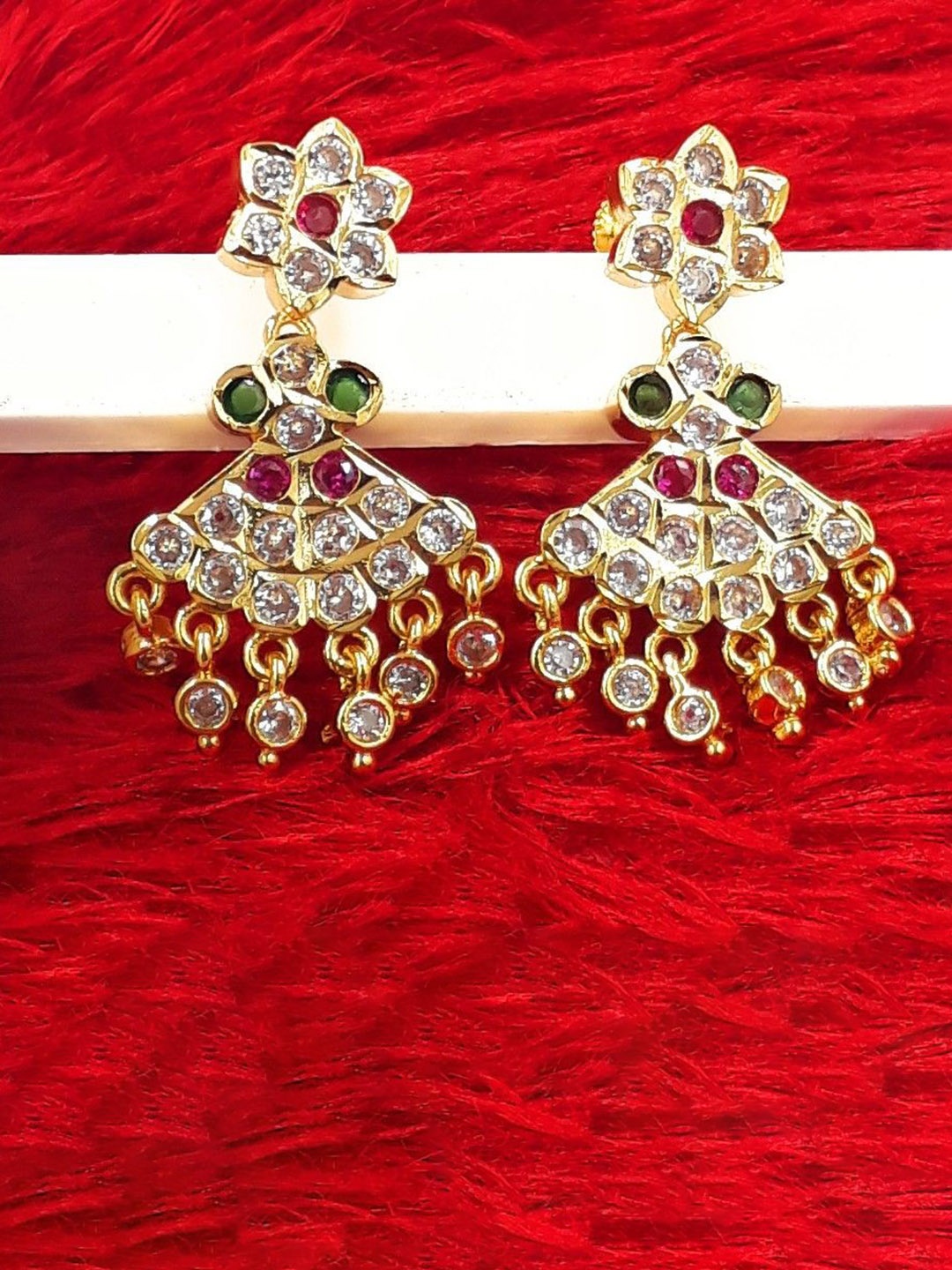 

Anujeet Fashion Hub Gold-Plated American Diamond Studded Contemporary Drop Earrings