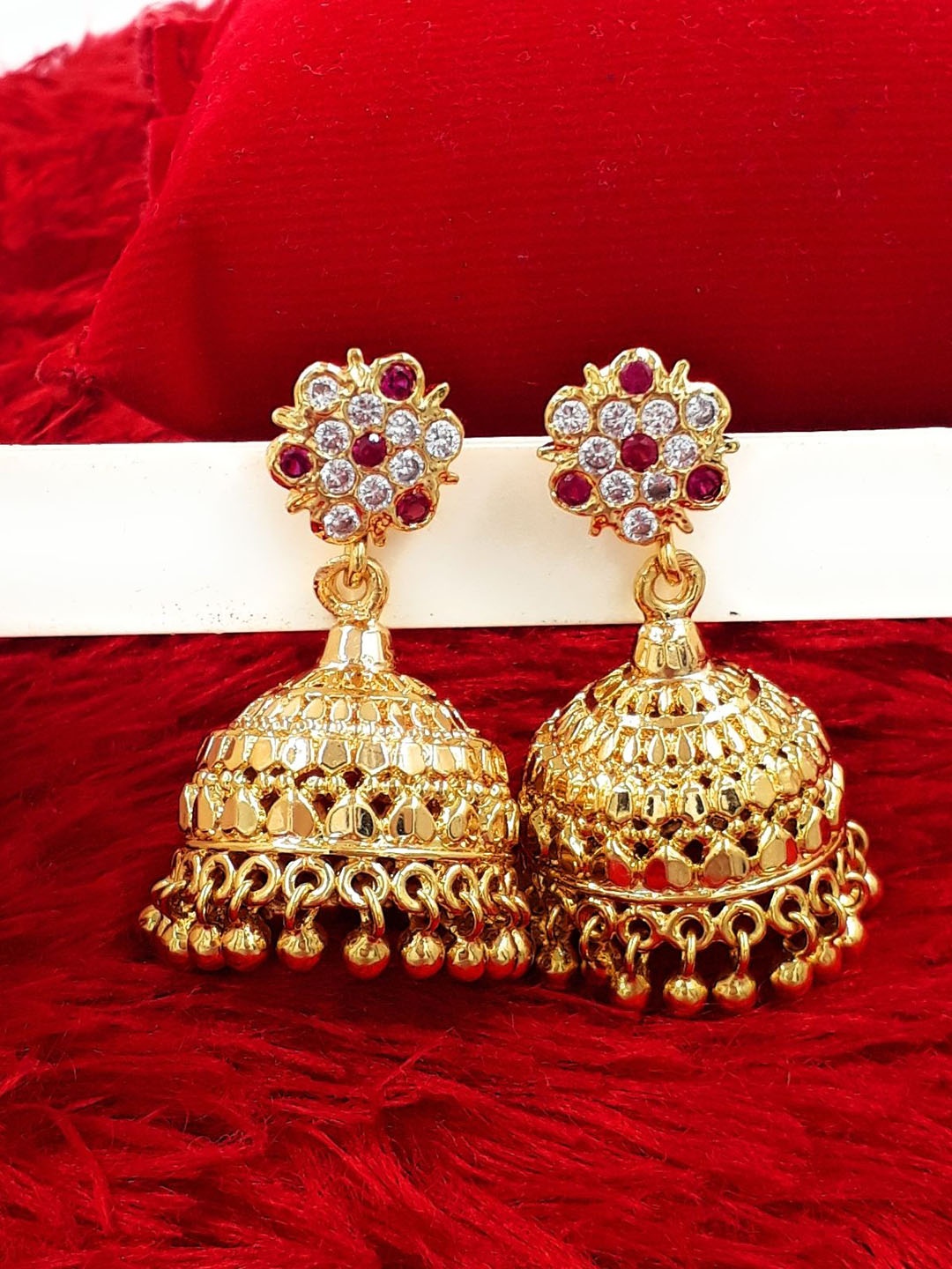 

Anujeet Fashion Hub Gold-Plated American Diamond Studded Dome Shaped Jhumkas