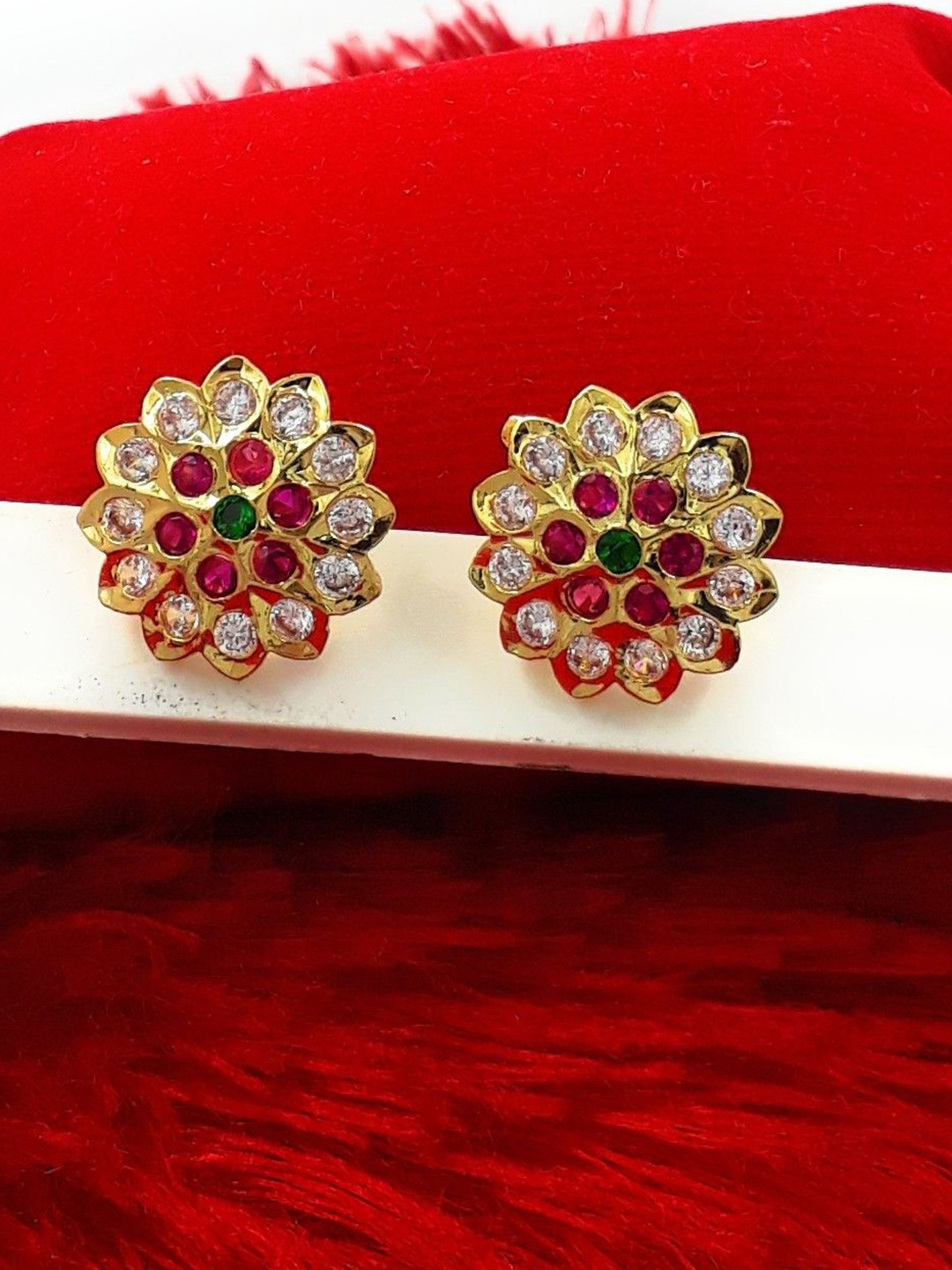 

Anujeet Fashion Hub Gold-Plated American Diamond Studded Floral Studs Earrings