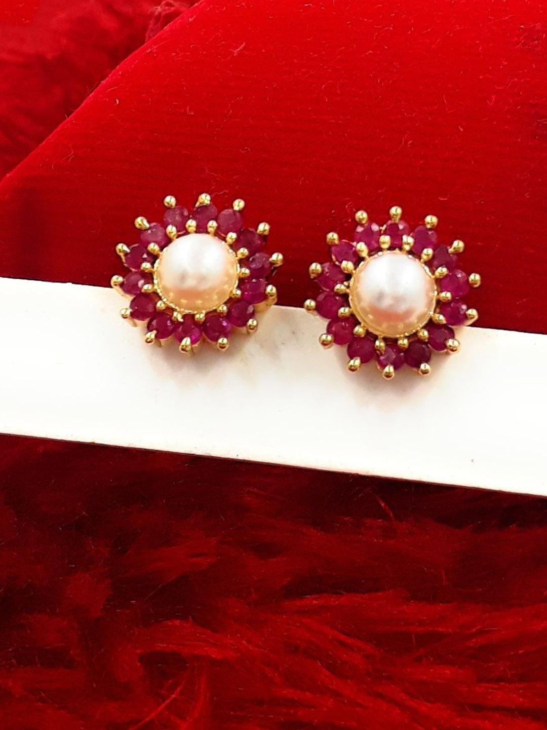 

Anujeet Fashion Hub Gold-Plated Artificial Stones Studded Floral Studs