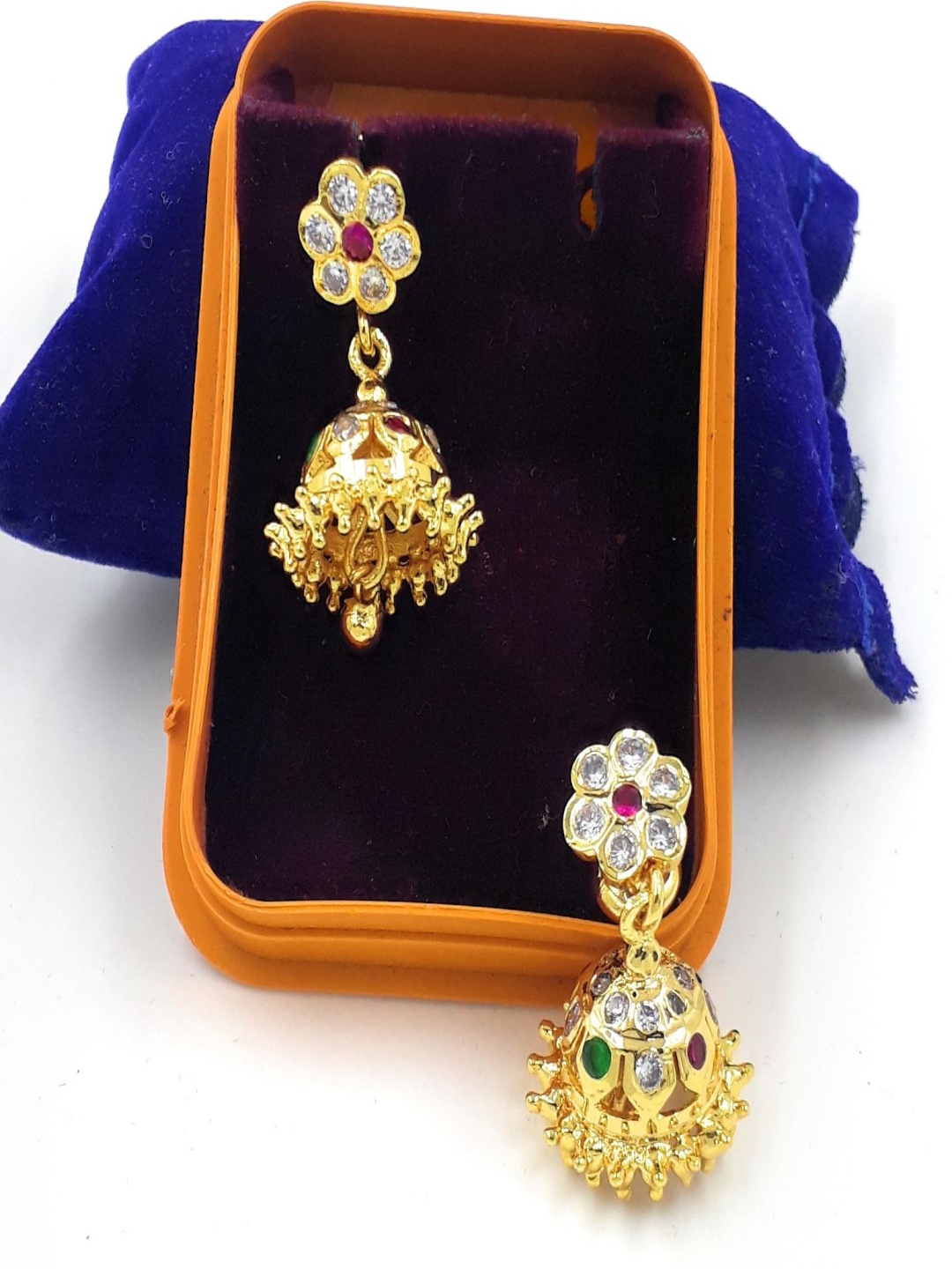 

Anujeet Fashion Hub Gold-Plated American Diamond Studded Dome Shaped Jhumkas