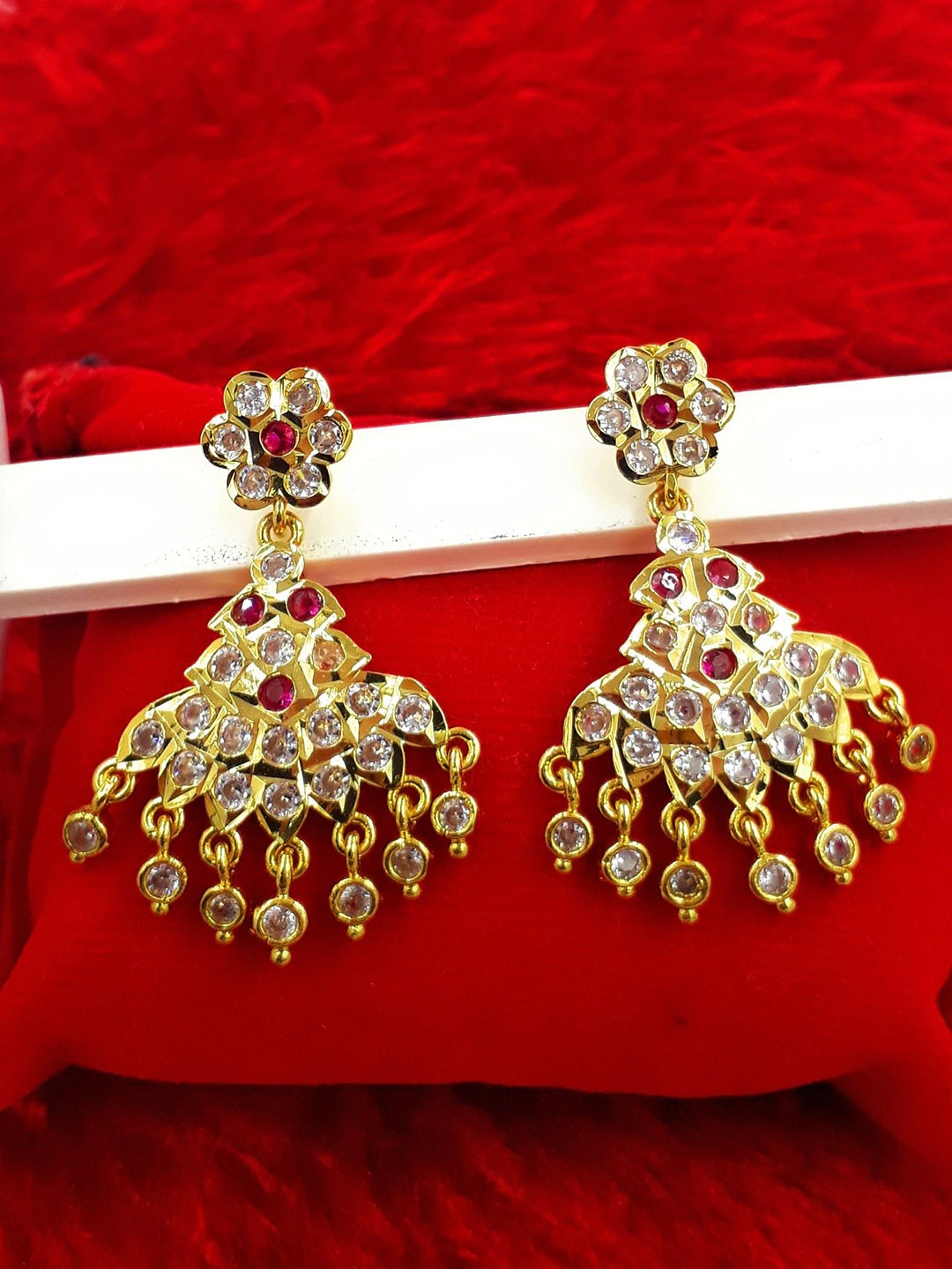 

Anujeet Fashion Hub Gold-Plated American Diamond Studded Contemporary Drop Earrings