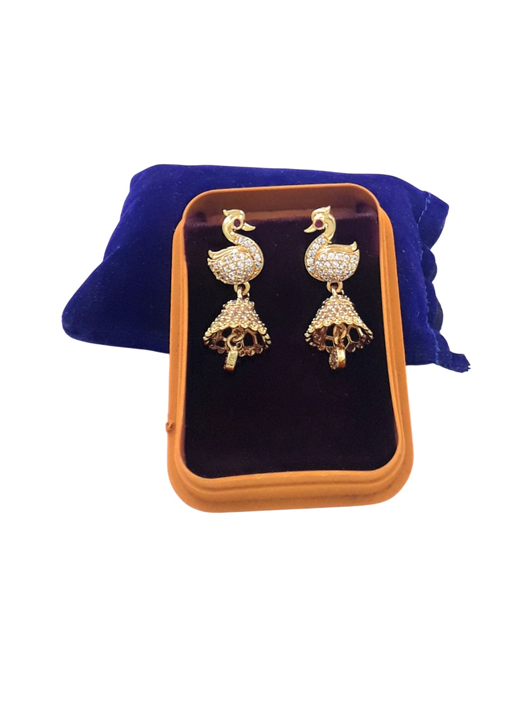 

Anujeet Fashion Hub Gold-Plated American Diamond Studded Peacock Shaped Jhumkas