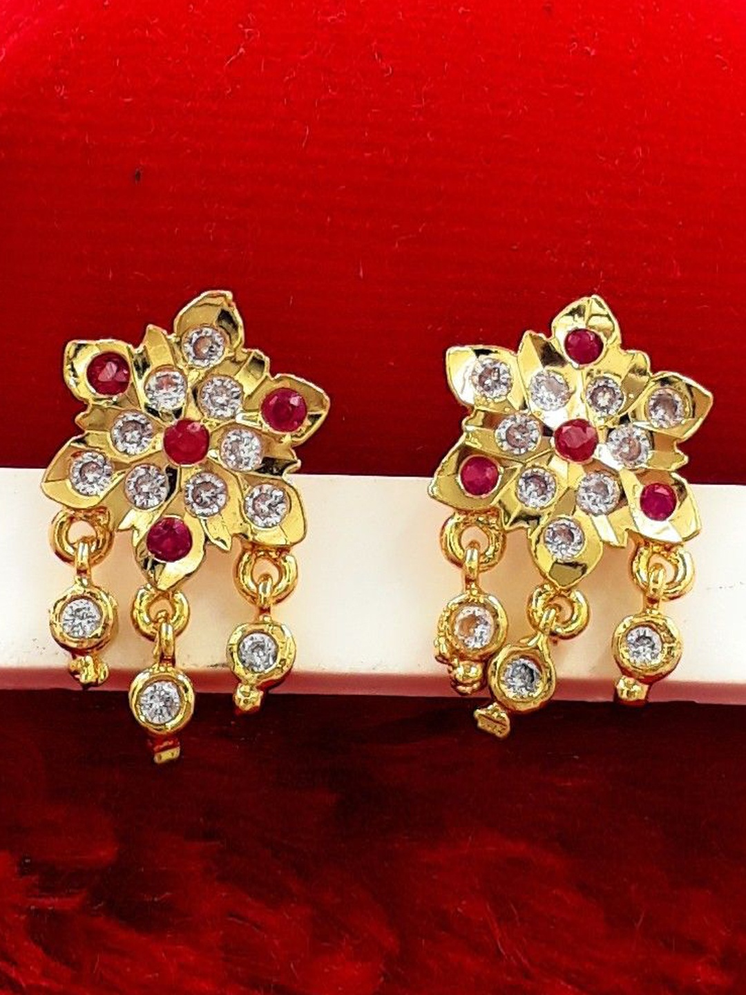 

Anujeet Fashion Hub Gold-Plated American Diamond Studded Contemporary Drop Earrings