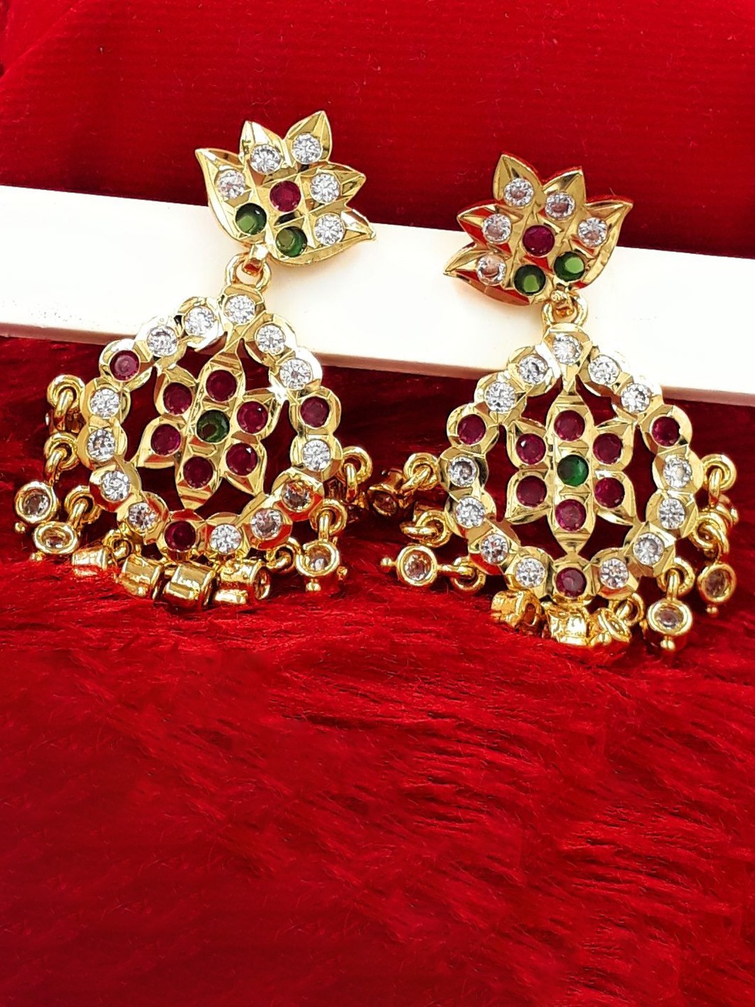 

Anujeet Fashion Hub Gold-Plated American Diamond Studded Contemporary Drop Earrings