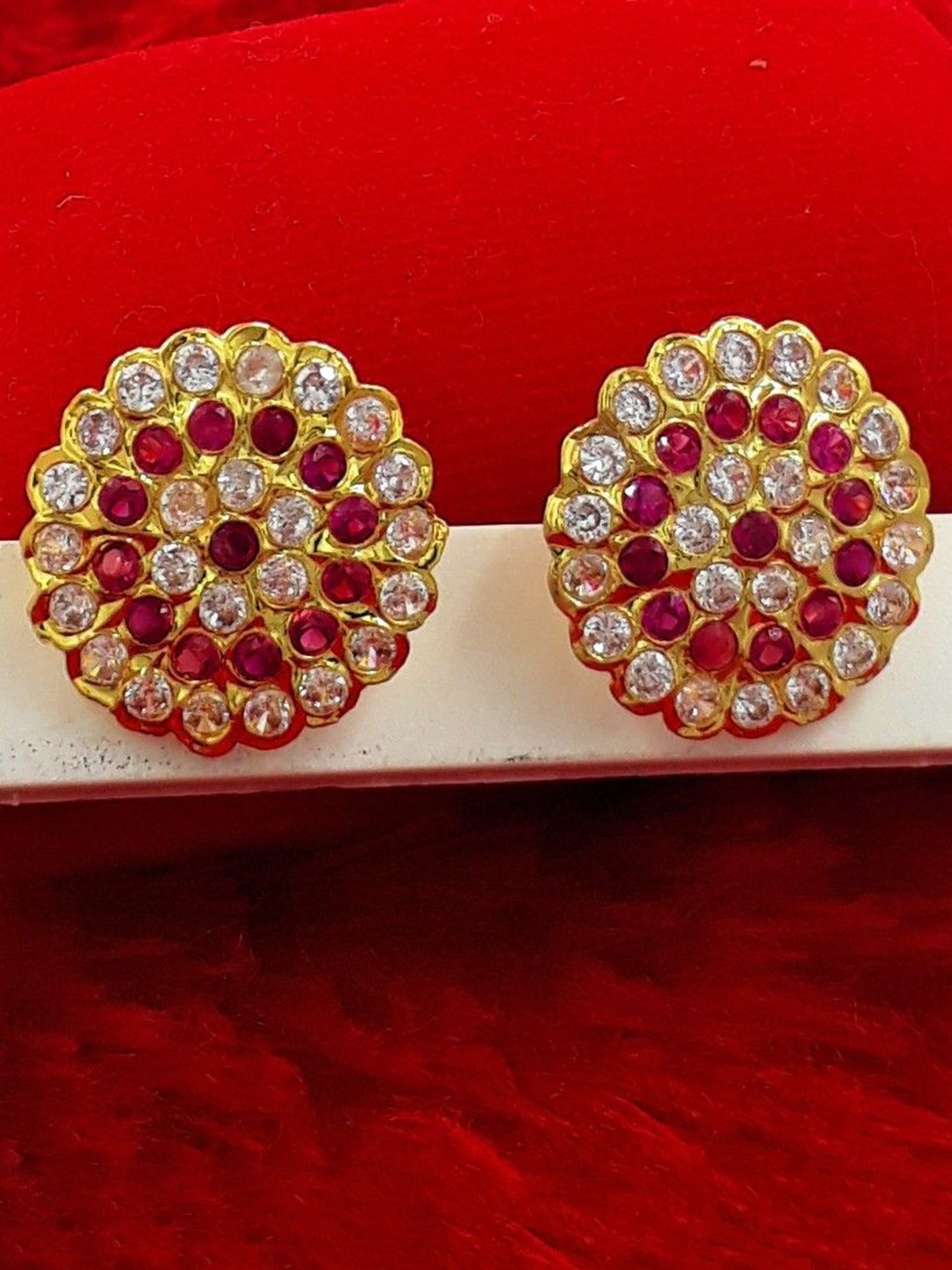 

Anujeet Fashion Hub Gold-Plated American Diamond Studded Floral Studs Earrings
